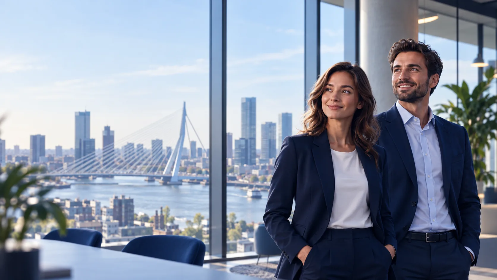 Two colleagues in an office high above Rotterdam, with the Erasmus Bridge and the Maas behind them.